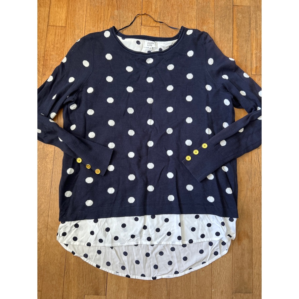 Crown & Ivy Navy Blue Polka Dot Layered Split Back Sweater Gold Buttons Small